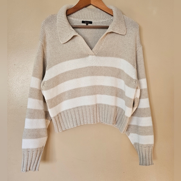 Quince Sweaters - Quince Organic Cotton Striped Collared Cropped Sweater M Beige White Minimalist